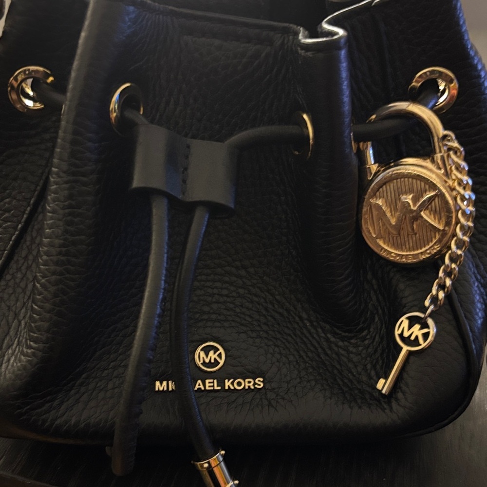 Michael Kors Black Pebbled Leather Drawstring Bucket Bag  Gold Accents 8w by 6L